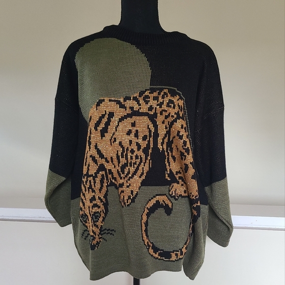 🔥VINTAGE 80s Authentic Renaissance Knitwear Metallic Leopard Oversized Sweater - Picture 2 of 10